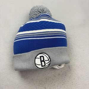 Brooklyn Nets Hat Cap One Size Blue Gray NBA Basketball Adidas Mens Beanie Pom